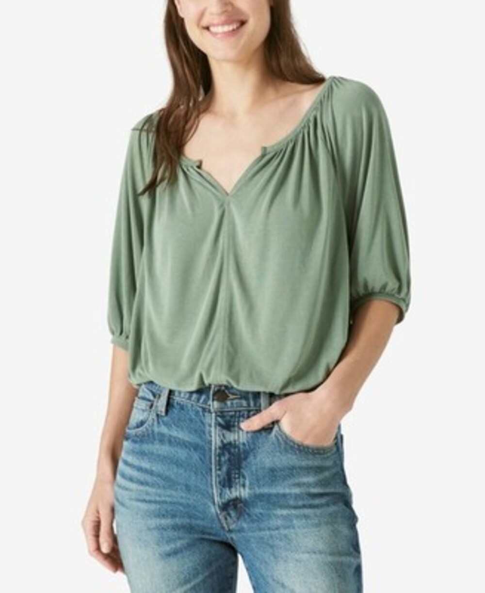 Lucky Brand Sandwash Peasant Top Women's L Loden Green Short Sleeve Pullover